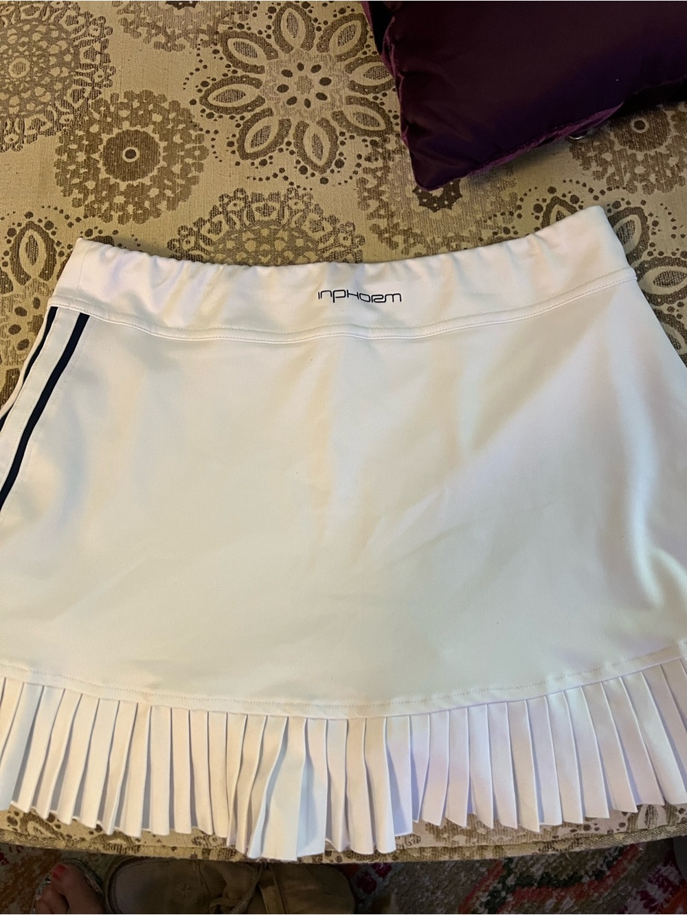 NPHOEM White Pleated Circle Skater Skirt with Navy Side Stripe